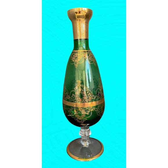 Vintage Green Glass Footed Vase, Gold Trim 10 1/2” Tall - Picture 1 of 9